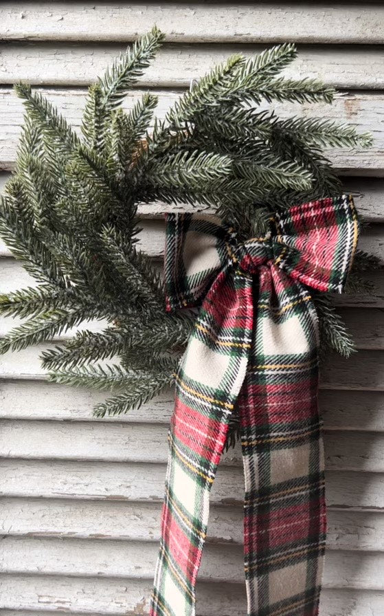Plaid bow wreath with snow & glitter